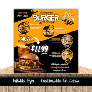 Szablon ulotki marketingowej Burger Specials Ulotka menu mediów społecznościowych Ulotka menu restauracji Ulotka menu żywności Cennik szablonu ulotki