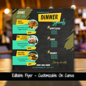 Dinner-Specials Bearbeitbarer Social-Media-Flyer. Dinner-Specials-Flyer-Vorlage. Wochenend-Food-Specials-Flyer. Wöchentliche Dinner-Specials-Flyer-Vorlage