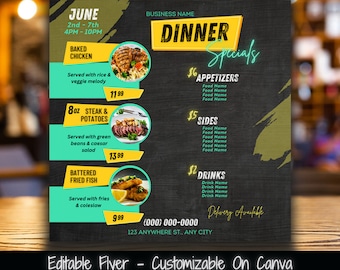 May include: A black chalkboard with a yellow banner that says "Dinner Specials". The menu lists various food items with prices, including baked chicken, steak and potatoes, battered fried fish, appetizers, sides, and drinks. The menu also includes the business name, phone number, and address.