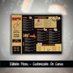 Plantilla de menú de sushi imprimible Plantilla de menú de comida editable Lista de precios del menú del restaurante Plantilla de menú de marketing para restaurante de sushi