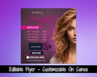 Folleto de peluquería móvil, plantilla para redes sociales de peluquería y belleza (Canva)