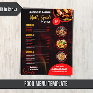 Plantilla de volante editable Especiales semanales Menú de comida Plantilla para menú de restaurante Folleto de menú de comida semanal Venta de comida Venta de cena Folleto imprimible