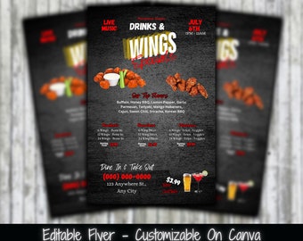 Drinks & Wings Specials Flyer, Restaurant Food Promo (Canva Template)