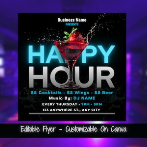 Happy Hour Ulotka do mediów społecznościowych Szablon promocji baru Ulotka z ofertą specjalną na drinki Szablon Happy Hour Gotowa ulotka marketingowa do baru