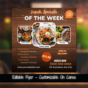 Edytowalna ulotka marketingowa na lunch specjalny Szablon ulotki w mediach społecznościowych Ulotka na wydarzenie Ulotka na lunch specjalny Szablon ulotki na sprzedaż lunchową Ulotka na jedzenie Menu