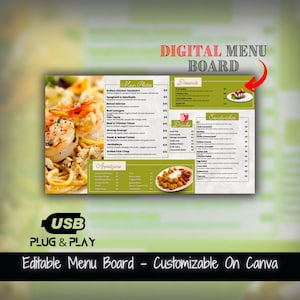Plantilla de visualización de menú digital, tablero de menú estático, plantilla de visualización de menú de alimentos, tablero de menú de TV, plantilla editable para exhibición de restaurante
