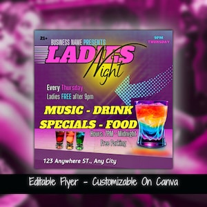 Szablon ulotki mediów społecznościowych Ladies Night Ulotka promocji baru Szablon ulotki specjalnych drinków Ladies Night Gotowa ulotka marketingowa baru