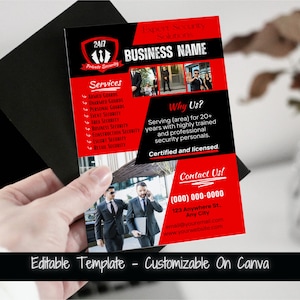 May include: A red and black business card for a 24/7 private security company. The card features the company name, services offered, and contact information. The text on the card reads "24/7 Private Security", "Services", "Armed Guards", "Unarmed Guards", "Personal Guards", "Event Security", "Area Security", "Business Security", "Construction Security", "Escort Security", "Retail Security", "Why Us?", "Serving (area) for 20+ years with highly trained and professional security personals. Certified and licensed.", "Contact Us!", "(000) 000-0000", "123 Anywhere St., Any City", "email@youremail.com", "www.yourwebsite.com", and "Editable Template - Customizable On Canva".