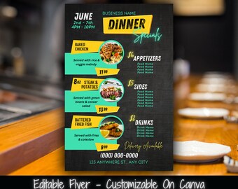 Puede incluir: Un menú en una pizarra negra con una pancarta amarilla que dice "Especiales de cena". El menú enumera varios artículos de comida con precios, incluyendo pollo al horno, bistec y papas, pescado frito rebozado, aperitivos, acompañamientos y bebidas. El menú también incluye el nombre del negocio, el número de teléfono y la dirección.