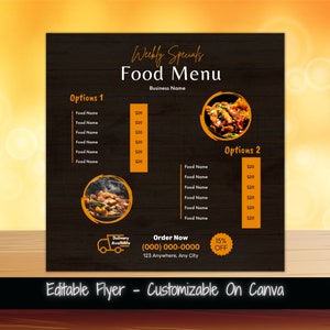 Edytowalny szablon ulotki menu z ofertami tygodniowymi dla mediów społecznościowych Ulotka marketingowa dla firm spożywczych Ulotka biznesowa z ofertami tygodniowymi Menu z ofertami tygodniowymi Menu żywności