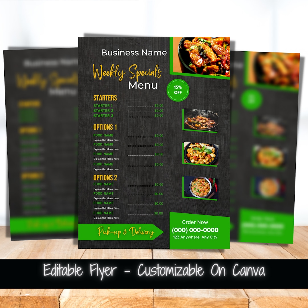 Weekly Specials Menu Editable Flyer Template Food Menu Template for