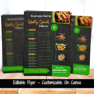 Tygodniowe menu specjalne Edytowalny szablon ulotki Szablon menu żywności dla firmy gastronomicznej Tygodniowe menu żywności Wyprzedaż kolacji Wyprzedaż żywności Wydrukuj ulotkę