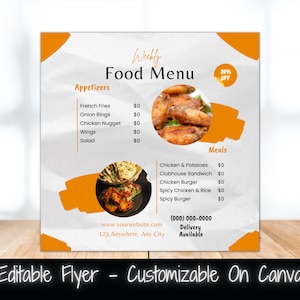 Szablon posta w mediach społecznościowych na temat tygodniowego menu żywności Tygodniowe oferty specjalne na jedzenie Ulotka restauracji Ulotka sprzedaży żywności Menu Sprzedaż kolacji Ulotka marketingowa