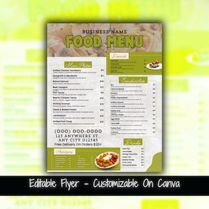 Szablon menu do druku Ulotka menu restauracji Cennik menu do edycji Edytowalny szablon menu do druku Wydarzenie sprzedaży żywności