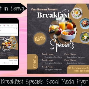 Szablon ulotki ze specjalnościami śniadaniowymi Ulotka na brunch Szablon menu ze specjalnościami żywieniowymi Ulotka do mediów społecznościowych Post dla kawiarni Restauracja Food Truck Sprzedaż żywności