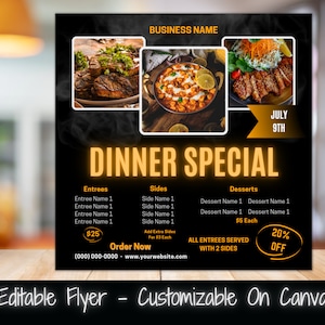 Plantilla de volante editable Cena Folleto especial para redes sociales Folleto de venta de cena dominical Venta de comida Folleto de restaurante Menú Plantilla de comida Marca