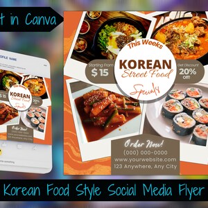 Ulotka z jedzeniem w stylu koreańskim Tygodniowy szablon menu Ulotka z food truckiem Specjalne menu restauracji Szablon ulotki Ulotka wydarzenia biznesowego DIY Canva