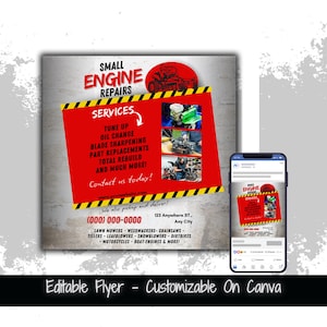 May include: A flyer for small engine repairs, featuring a red and yellow design with the text "SMALL ENGINE REPAIRS" and a list of services. A smartphone displays the flyer. The flyer includes contact information and a list of engine types.