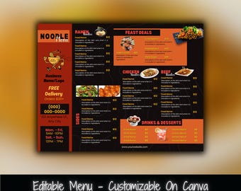 Printable Noodle Restaurant Menu Template (11x8.5 in) (Canva Editable)