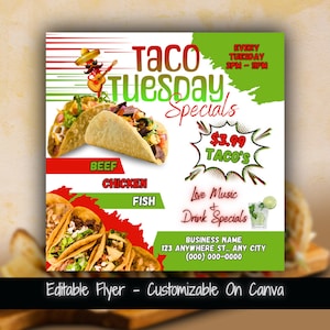 Szablon ulotki w mediach społecznościowych na temat wtorkowych specjałów kulinarnych Taco Ulotka z promocjami kulinarnymi w restauracji Ulotka marketingowa sprzedaży Taco Ulotka promocyjna żywności