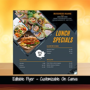 Edytowalny szablon ulotki ze specjalnym menu lunchowym do mediów społecznościowych, codzienne promocje, ulotka marketingowa z menu żywności, wyprzedaż lunchowa, specjalne oferty żywności
