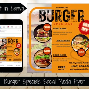 Szablon ulotki specjalnej na burgery Ulotka wydarzenia w mediach społecznościowych Specjalne oferty restauracji Ulotka menu Ulotka specjalnej listy cen żywności Szablon ulotki wyprzedaży żywności