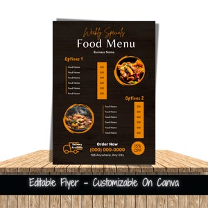 Edytowalny szablon ulotki z tygodniowymi ofertami specjalnymi Menu żywności Szablon menu restauracji Ulotka z tygodniowym menu żywności Wyprzedaż żywności Wyprzedaż kolacji Ulotka do druku
