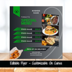 Edytowalny szablon ulotki dla mediów społecznościowych Dzisiejsze specjalne menu Ulotka Dzisiejsze specjalne menu Tygodniowe menu Szablon ulotki z jedzeniem Menu specjalnych dań obiadowych