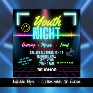 Youth Night Flyer Template Back To School Dance Party Flyer Promotions Flyer Template Social Media Post Customizable Youth Night Dance Flyer