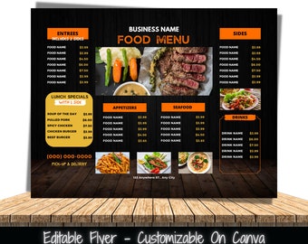 Plantilla de volante para menú de restaurante (Canva editable)