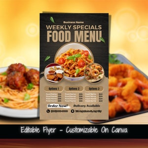 Plantilla de volante de menú de comida de ofertas semanales Folleto de comida imprimible para restaurante Lista de precios de menú de comida Folleto de marketing de venta de cena de menú de comida semanal