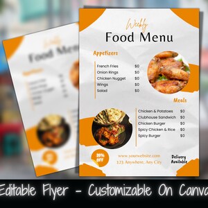 Folleto imprimible del menú de comida semanal Plantilla de menú editable Folleto del menú de comida semanal del restaurante Venta de comida Venta de cena Folleto de marketing imprimible