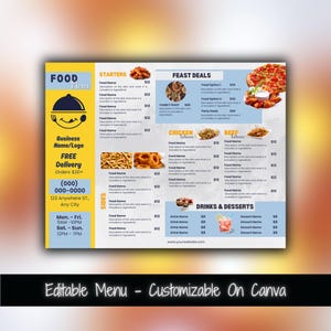 Plantilla de menú de comida imprimible Plantilla de menú de comida editable Lista de precios del menú del restaurante Plantilla de menú de marketing para restaurante