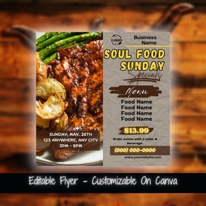 Ulotka na niedzielne promocje Soul Food w mediach społecznościowych Ulotka na promocje restauracji Ulotka na promocje kolacji Ulotka marketingowa na promocje żywności