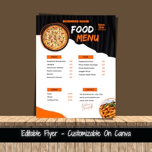 Szablon ulotki z menu żywności do druku Edytowalny szablon menu żywności Ulotka na specjalne wydarzenie wyprzedaży żywności Specjalne oferty restauracji Ulotka z wyprzedażą żywności DIY