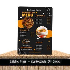 Plantilla de volante editable Especiales semanales Menú de comida Plantilla para menú de restaurante Folleto de menú de comida semanal Venta de comida Venta de cena Folleto imprimible