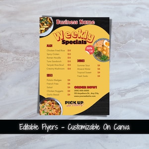 Plantilla de volante imprimible de ofertas semanales Menú de comida Plantilla de menú de restaurante Folleto de menú de comida semanal Venta de comida Venta de cena Folleto imprimible