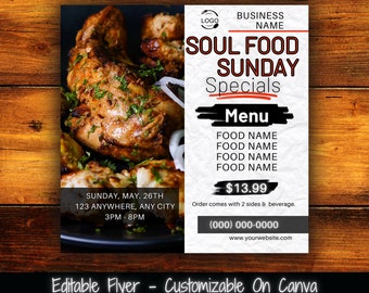 Może przedstawiać: Ulotka reklamująca niedzielne oferty Soul Food w cenie 13,99 zł. Ulotka zawiera zdjęcie grillowanego kurczaka oraz datę, godzinę, adres i numer telefonu.