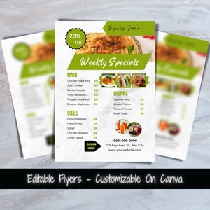 Folleto editable Especiales semanales Menú de comida imprimible Plantilla de menú de restaurante Folleto de menú de marketing de alimentos semanal Folleto imprimible de evento de venta de alimentos