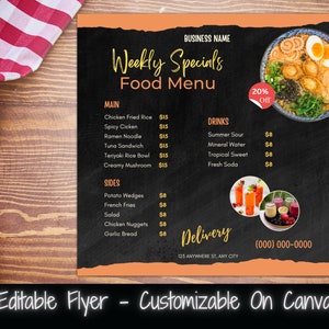 Tygodniowe promocje Menu żywności Edytowalny szablon mediów społecznościowych Ulotka menu żywności Oferty tygodnia Lista cen Ulotka wyprzedaży kolacji Ulotka restauracji