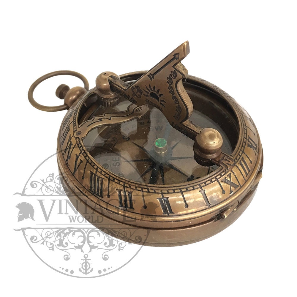 Antique Finish 45mm Pocket Sundial Compass in Wooden Box 