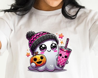 Pink Ghost Halloween T-shirt, Cute Ghost Coffee Pumpkin Halloween  Shirt, Coffee Pumpkin Halloween shirt, Halloween Kid Costume shirt