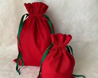 Christmas Gift Bag ,  Handsewn Xmas Drawstring  Present Bag, Handmade Reusable Fabric Red Gift Bag, Green Gift Bag, Gift For Christmas
