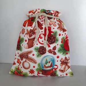 Handmade Christmas Stocking Fabric Gift Bag: Reusable Drawstring Tote (Large)
