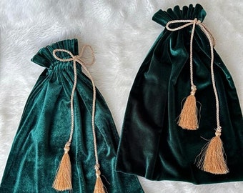 Handmade Velvet Christmas Gift Bag, Green & Gold Drawstring, Reusable Fabric