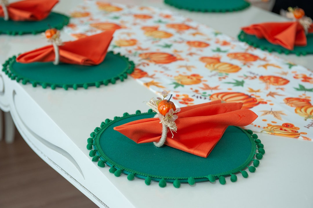 Fall Table Runner, Placemats, Napkin Rings and Napkins, Pumpkin Table