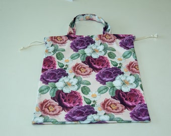 Handmade Purple Flower Fabric Gift Bag: Reusable Drawstring Tote (Large)