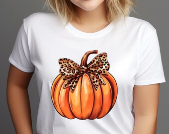 Leopard Bow Pumpkin Halloween T-shirt: Autumn Coquette Style