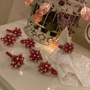 Red Pearl Napkin Rings and Napkins for Dinning Table, Red Napkin Holders , Wedding Napkin Ring,  White Cloth Napkins