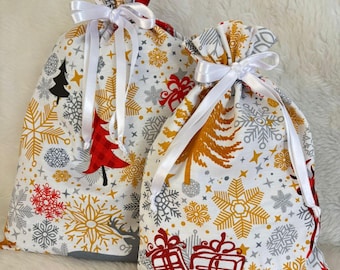 Handmade Christmas Fabric Gift Bag: Reindeer Print Reusable Present Sack